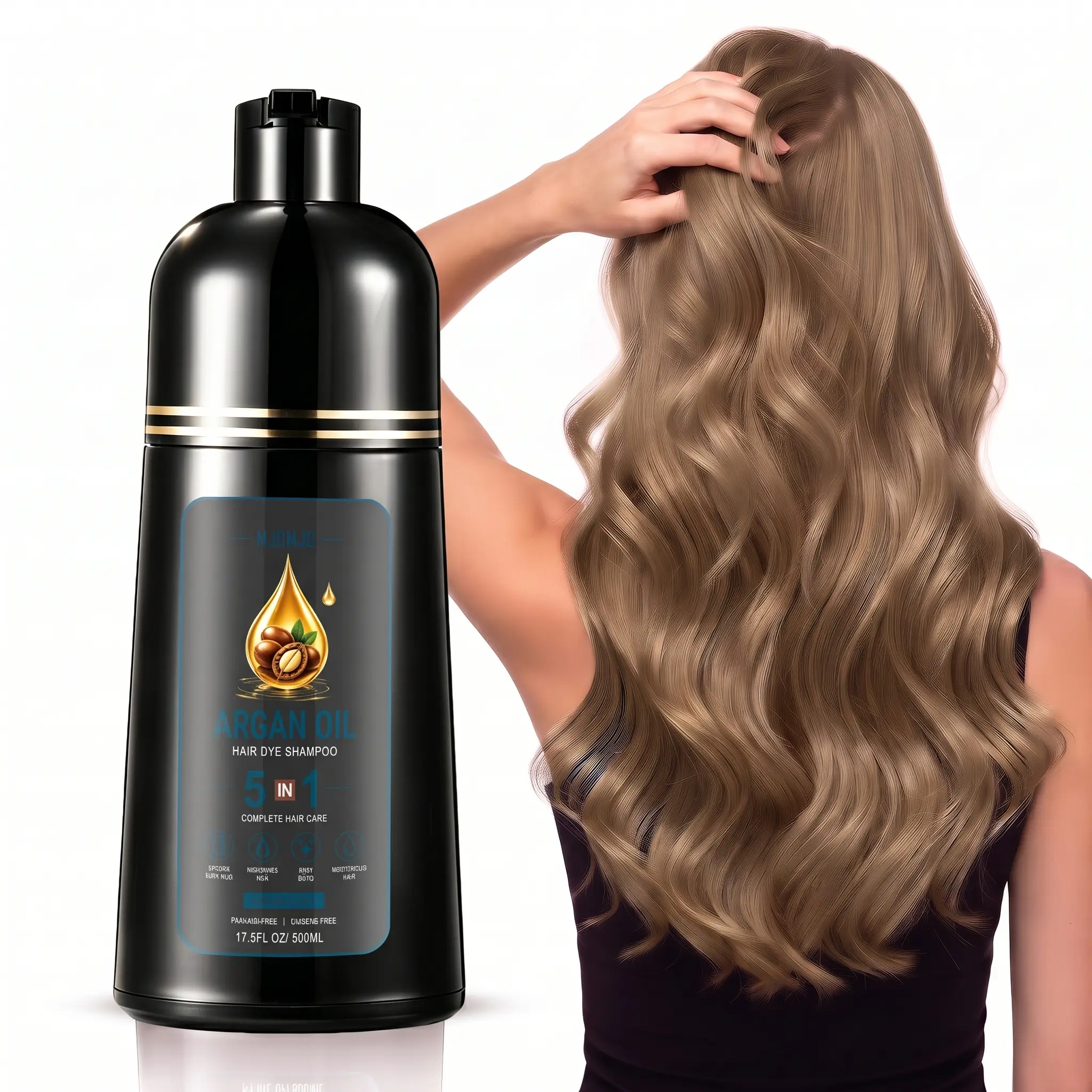 MJDMJD Argan Oil Hair Dye Shampoo 5-in-1 Gray Hair Coverage, Ammonia-Free Color Depositing Wash for Women & Men (500ml / 17.6 fl oz)