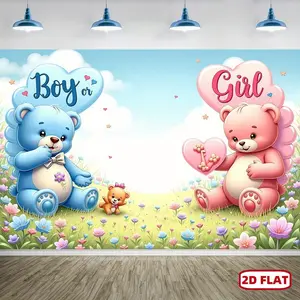 1pc 2D Flat 2D Fabric Backdrop Gender Reveal Wall Decoration Banner Party Banner Flag with Blue and Pink Teddy Bears and Floral Accents Designs Is used for Photo Booth Background & Indoor Outdoor Events Party Suppl Flower Ornaments