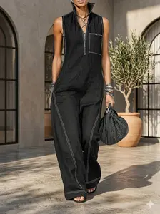 Women’s Sleeveless Linen Blend Jumpsuit, Zip Front Loose Fit Wide Leg Romper, Casual Minimal Work Vacation Outfit