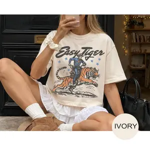 Comfort Colors Easy Tiger Boxy Tee, Retro Western Cowboy Tiger Graphic Shirt