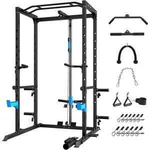 Power Cage, Multi-Functional Power Rack with J-Hooks, Dip Handles, Landmine Attachment and Optional Cable Pulley System for Home Gym