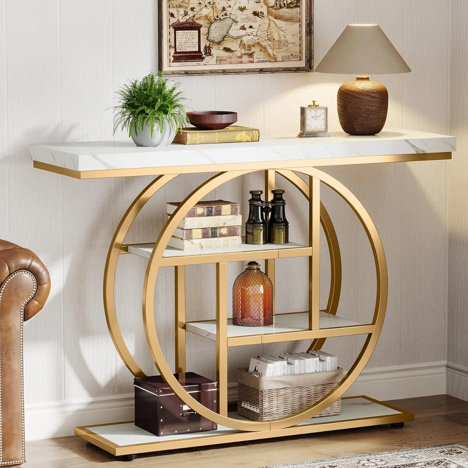 LustreC 41.3" Console Table, Industrial 4-Tier Sofa Entryway Table with Circle Base, Narrow Wood Accent Tables with Storage Shelves for Living Room, Hallway, Foyer, White Gold