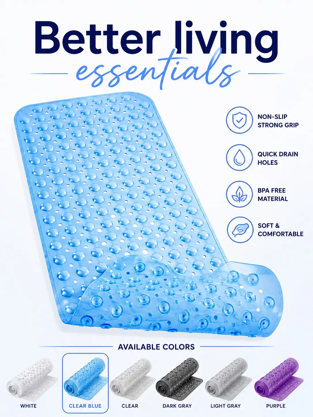 Non Slip Bathtub Mat with Suction Cups, 40x16 Inch PVC Shower Mat, Quick Drain Holes, Pebble Texture for Safe Bathing, Multi Color Bathroom Gadgets Restroom Accessories White Strong Grip Bpa Free Material Smooth