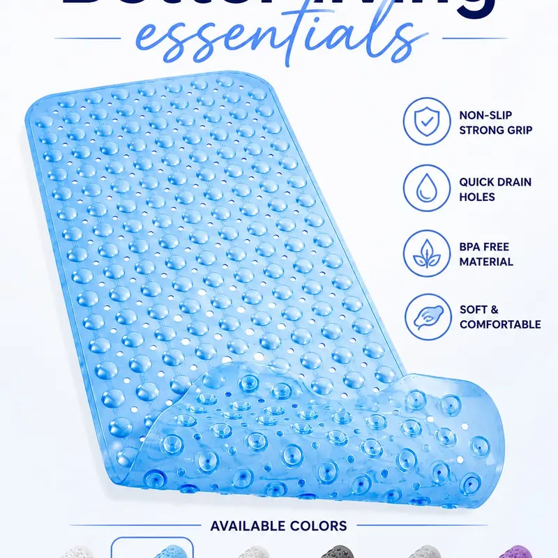 BPA-Free PVC Bath Mat - Strong Grip Suction Cups, 40x16in Pebble Texture, 176-Hole Drainage, 360° Tub Coverage, Multi-Color Decor Match, Roll-Up Storage, Durability and Safety Bathroom Accessory