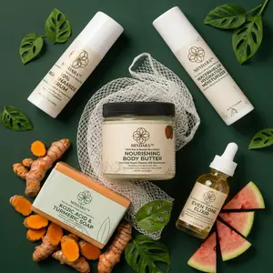 Mindara 6-Step Radiant Skincare Multi-Pack - Daily Face & Body Care Kit with Shea, Organic Watermelon, Nourishing Moisturizer, Serum, Soap, Turmeric for Sensitive Skin; Calming, Brightening, Repair, Even Out Skin Tone & Texture, Lightweight, Hydrating