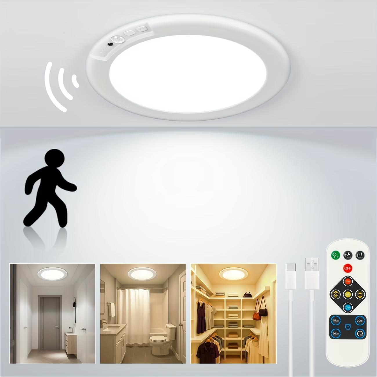 Rechargeable LED Ceiling Light with Motion Sensor, 3 Lighting Options, 10 Brightness Levels Battery Operated Closet Lights, Remote Control Dimmable Timing Motion Shower Lights for Living Bathroom Pantry Hallway Porch
