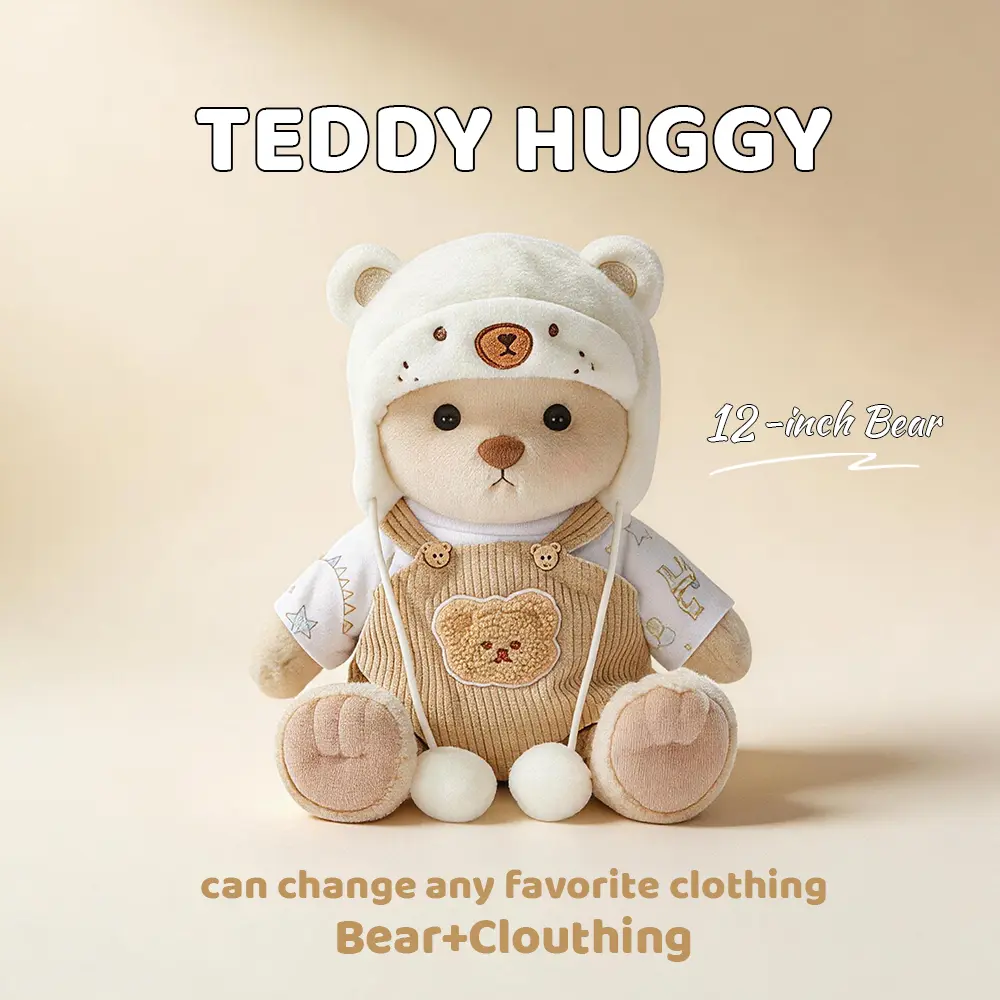 TEDDY HUGGY Khaki Bear Overalls Outfit - Fashion Collection for 12-Inch Plush Bears, 3-Piece Teddy Bear Clothes Set,Fashion collection