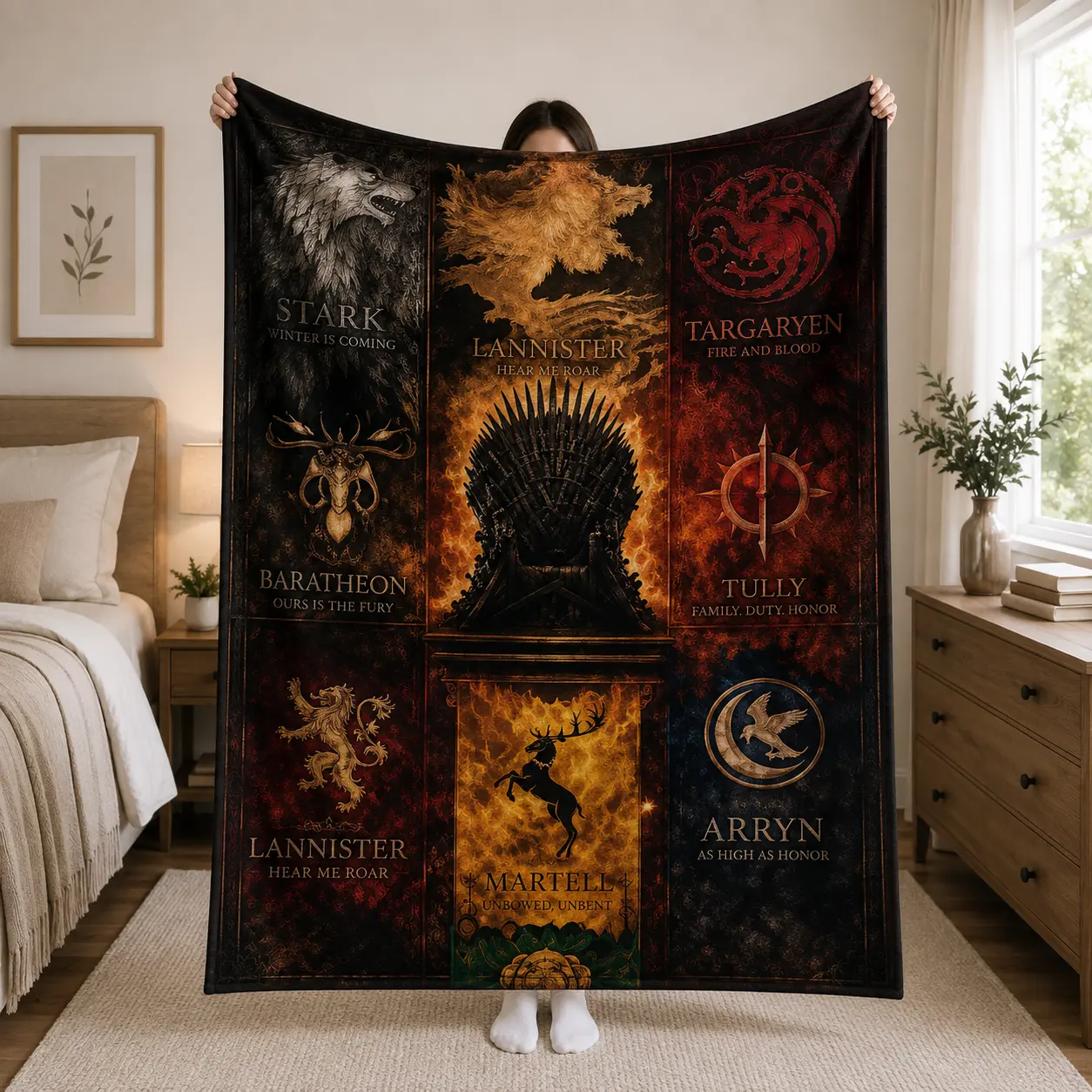 Ultra-Soft Plush Texture Flannel Fleece Throw Blanket, Fire & Ice Fantasy Saga Design, Blood & Honor Dark Aesthetic, Wrinkle Res Decor for Bed & Couch