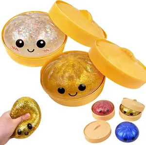 Sparkly Glitter Dumpling Squishy Stress Reliever with Mini Steamer Storage Case – Slow Rebound Tactile Sensory Item for Calming Nerves, Portable On-the-Go Comfort Accessory for All Ages