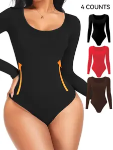 Ladies Bodysuit with Thong, wearable for sports, sports shaping underwear, Long Sleeve Solid Round Neck Bodysuit, Women's Elastic sports tight-fitting underwear, fitting the body curve, Comfy Slimming Waist Shaperight-Fitting Underwear, All Seasons