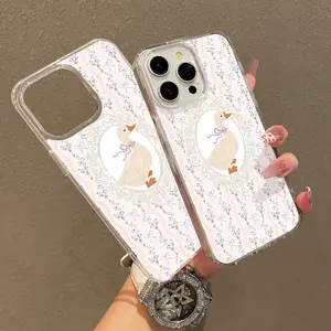 Lace Frame White Goose Phone Shell Magnetic Case for iPhone11/12/13/14/15/16/17/promax, Pastel Duck Floral Lightweight, Drop-Proof, MagSafe Compatible |   Perfect for Teen Girls