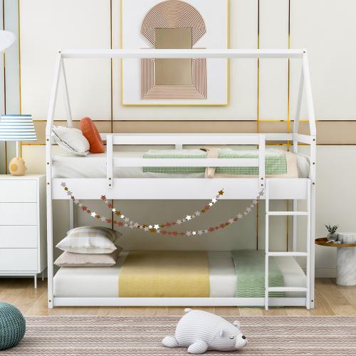 【Bellemave】Twin over Twin/Twin over Full  Low Bunk Bed, House Bed with Ladder , Gray(OLD SKU:WF 197808 AAE)