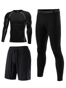 Men's Tracksuit Set, Long Sleeve T-shirt & Letter Tape Leggings & Drawstring Pocket Sports Shorts, Summer Sports Outfits Set for Men, Sporty Style Outfits, Gym Workout Clothes