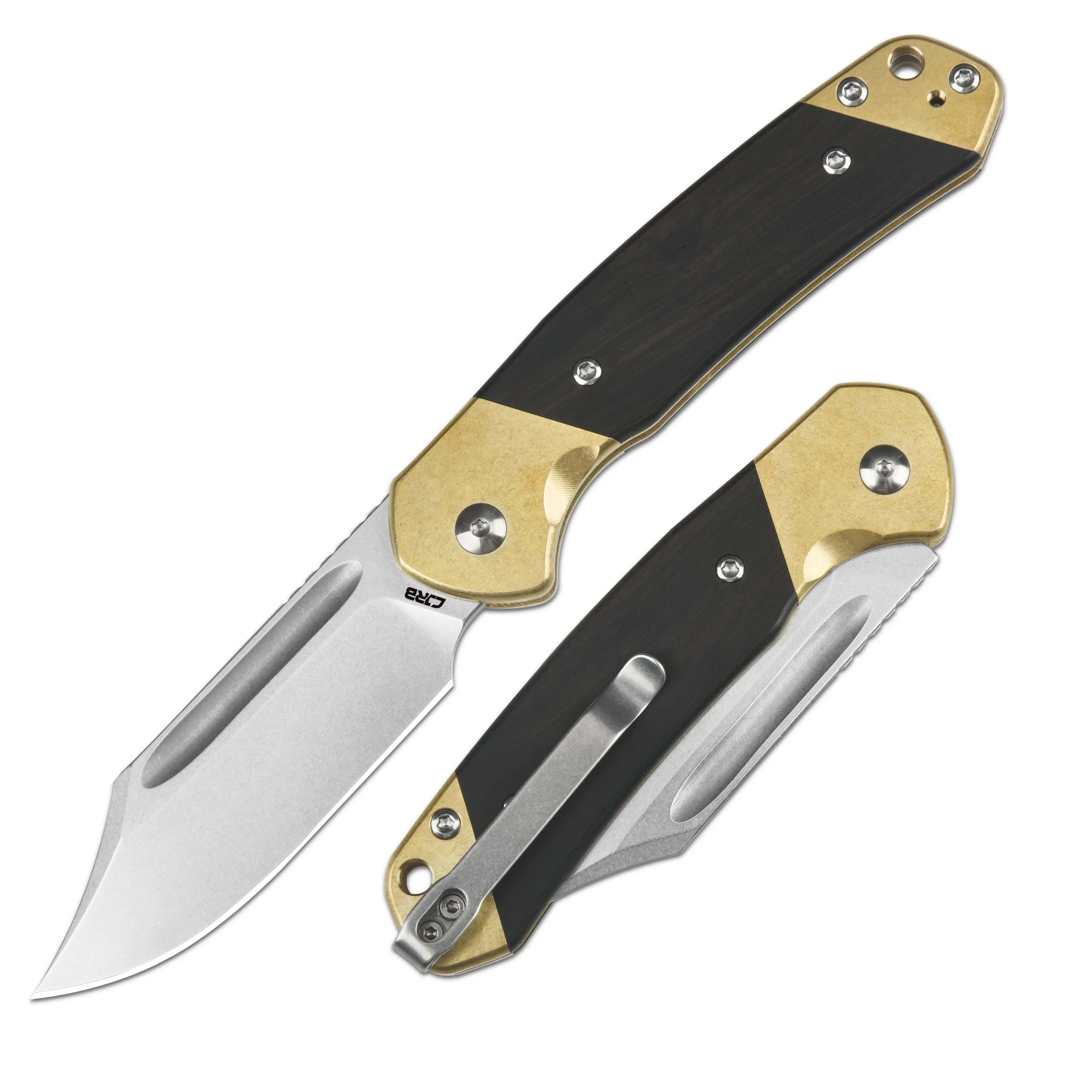 CJRB Bowie Pyrite J1942SJ Folding Knife - AR-RPM9 Blade, Brass and Wood Handle, EDC Pocket Knife for Men, Camping Survival, Glamping Use, Fathers Day Gift, Edc Pocket Knives, Knives