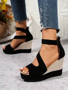 Women's New Summer Velvet Thick Sole Wedge High Heel Open Toe Sandals, Hollow Out Fish Mouth Back Zip Closure High Heel Sandals