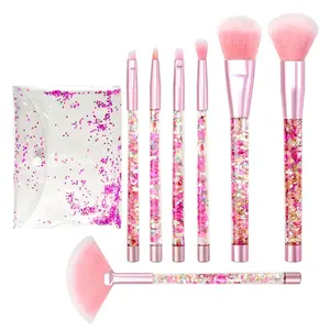 Makeup Brushes Set for Girls, Pink Liquid Flows 7PCS Foundation Fan Powder Blush Lip Eye Shadow Eyebrow Eye Blender Brush Set for Girls Teen as Gift Present
