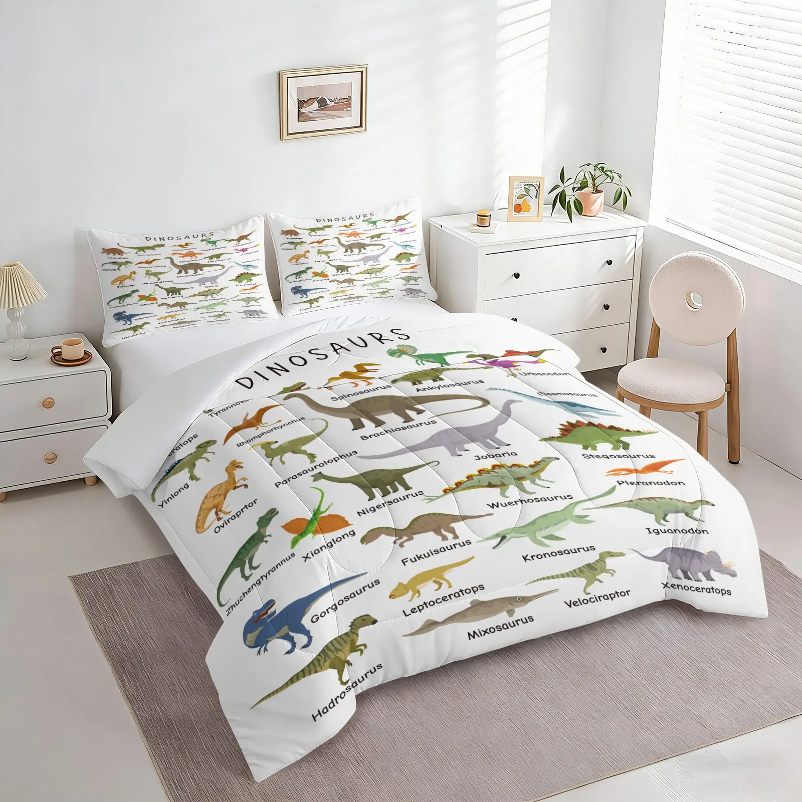 2/3Pcs Kids Dinosaur Comforter Set, Cute Colorful Dino Printed Bedding Quilt with Pillowcases, Easy-Wash Super Soft Lightweight Bedspread for Boys Girls Bedroom, All Season, Bed Sets Supplies