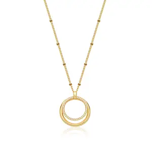 FetteroGold Plated Layered Circle Necklace for Women - Double Ring Pendant Necklace with Cubic Zirconia Crystal Dainty Jewelry