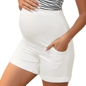 INSPIRE CHIC Women's Denim Summer Lounge Workout Roll Hem with Pockets Maternity Jeans Pregnancy Shorts White