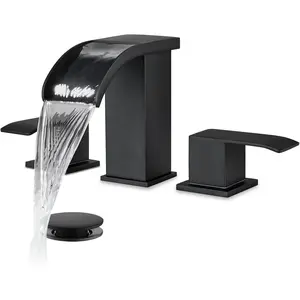 Waterfall 8 inch Widespread Bathroom Faucet Set Bathroom Sink Faucet 3 Hole 2 Handle Vanity Lavatory Deck Mount with Pop Up Drain and Water Supply Lines Square  Matte Black