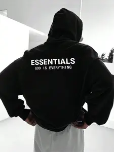 1 Men's Black Oversized Hoodie, Back "ESSENTIALS" & "God Is Everything" Print, Minimalist Streetwear Design, Ideal for Casual Daily & Urban Outfits