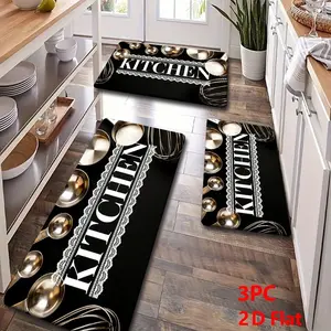 2/3pcs Bottom Soft Flannel Kitchen Mat Set, European Baking Tools Lace Border, Non-Slip Absorbent Home Decor,Black