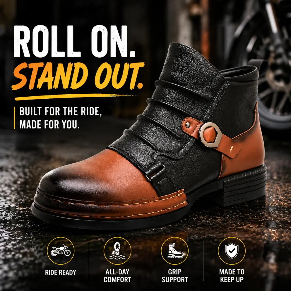 Retro color-block buckle ankle boots for men, British workwear style, versatile mid-cut casual boots