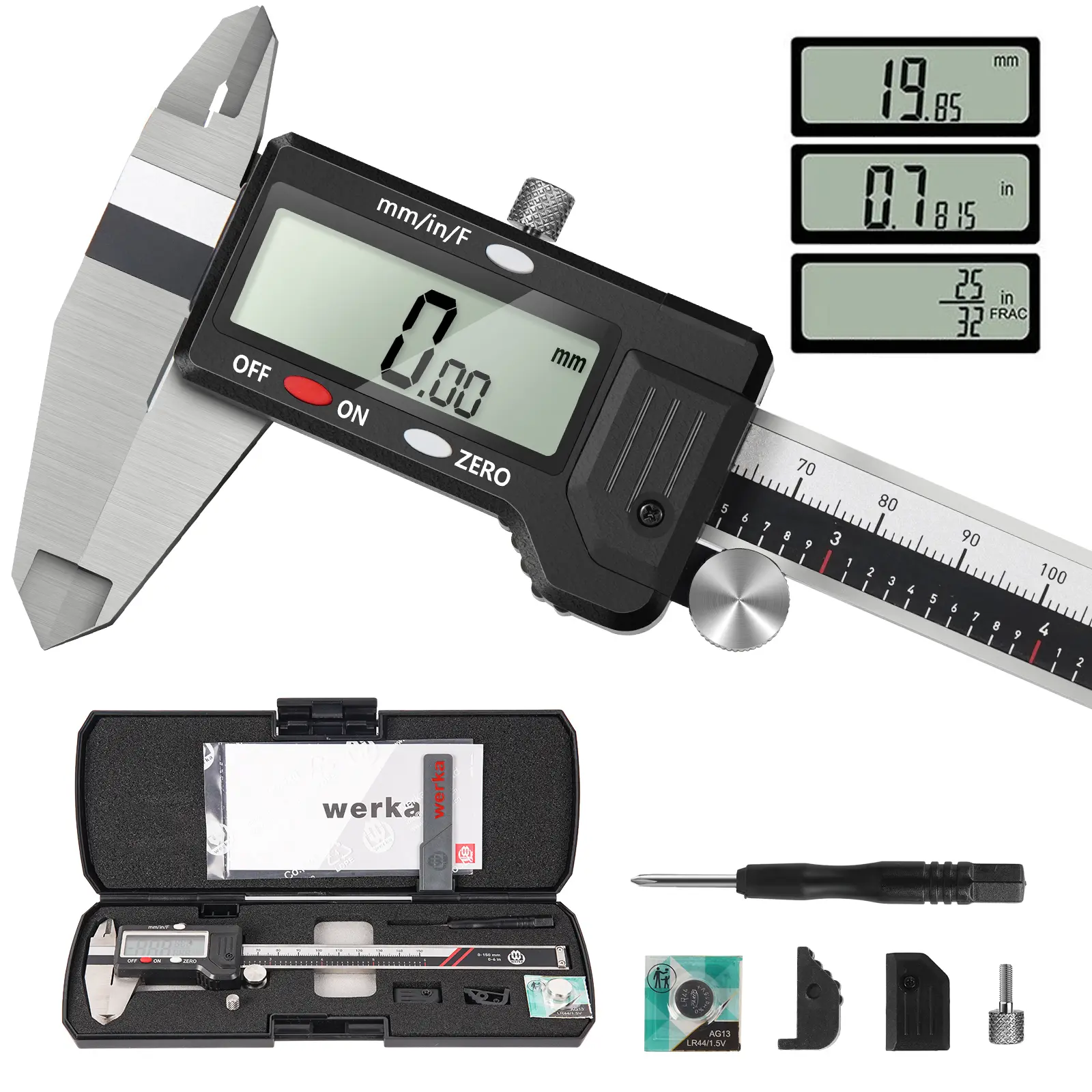 werka Digital Caliper, 0-6 inches (150mm) Stainless Steel Measuring Tool, 0.001" High-Accuracy Micrometer with Conversion Buttons, 4 Measuring Ways, Inch/Fraction/mm Compatibility 6000150