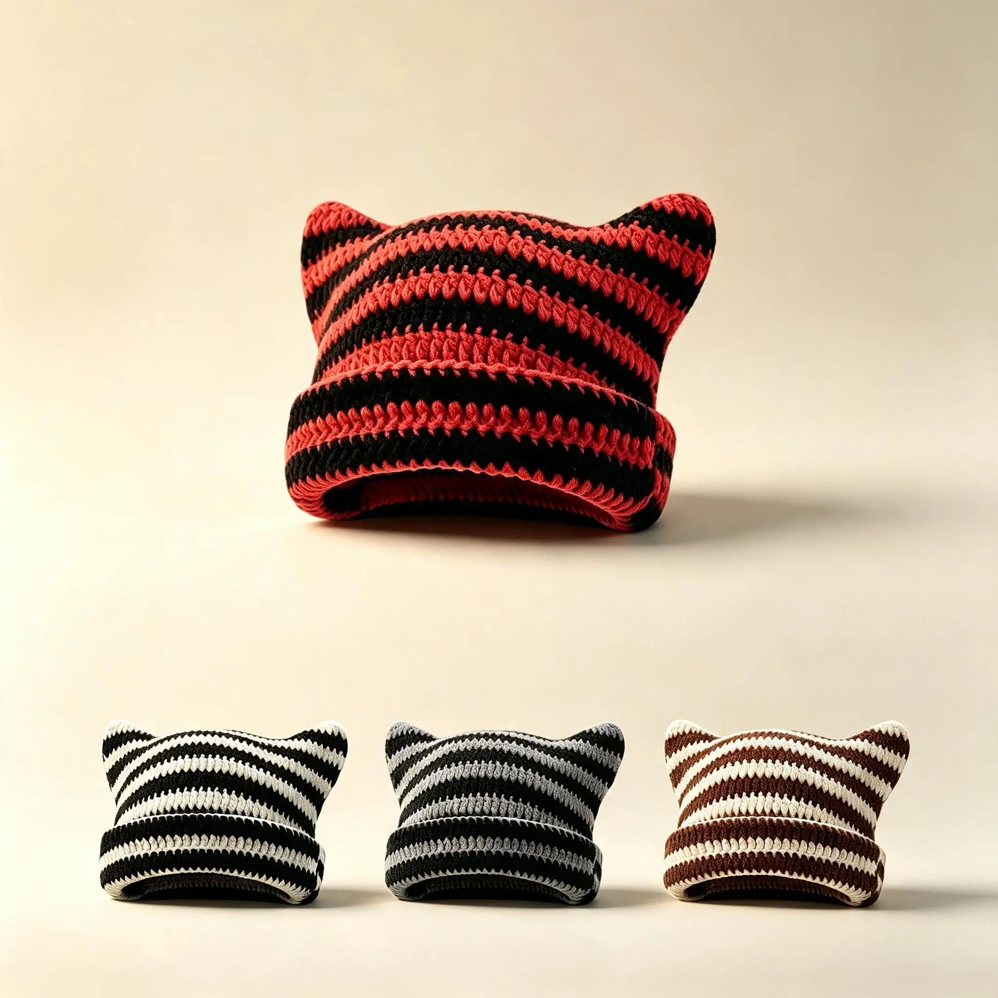 Women's Cute Striped Cat Ear Crochet Knit Beanie - Soft Warm Autumn Hat, Fashion Slim-Face Unisex Couple Matching Cap for Daily Outdoor Use
