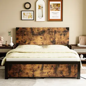 Full Size Bed Frame, Stylish and Strong Metal Platform Bed with Wooden Headboard, Noise Free/No Box Spring Needed/Easy Assembly, Bed Storage for Organizing