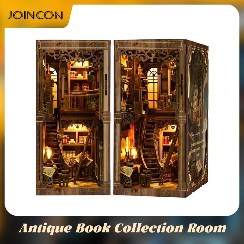 Joincon DIY Wooden Book Nook Kit - 3D Vintage Bookstore Library Model with LED Light, AA, Miniature Bookshelf, 110mm Depth, 230mm Height, Unique House Decoration & Gift for Home