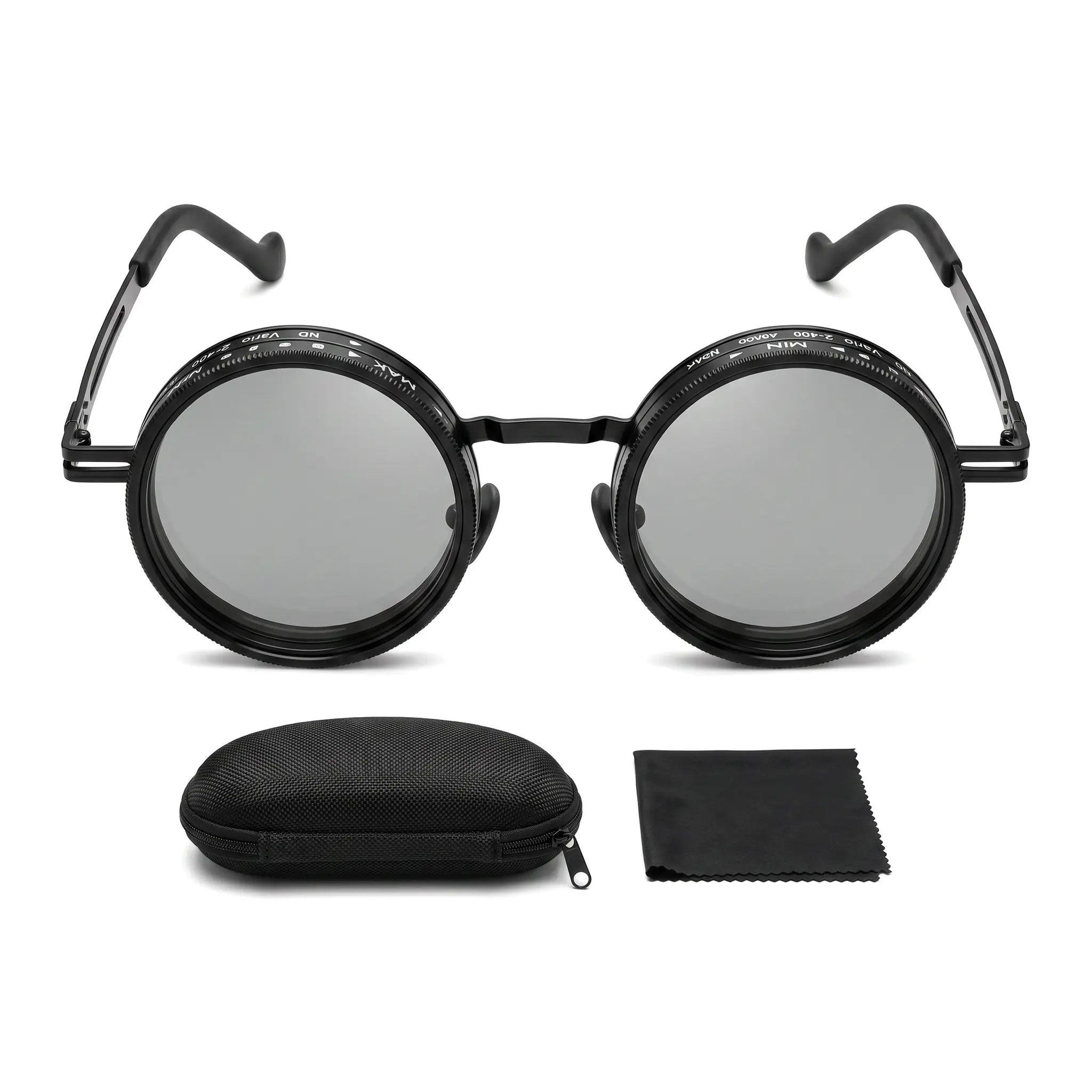 Vintage Round Steampunk Adjustable Diopter Sunglasses, Focusable Myopia Glasses with Storage Case & Cleaning Cloth for Driving, Fishing and Outdoor Activities