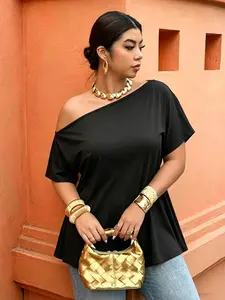 Plus Size Asymmetrical Shoulder T-Shirt, Loose Fit Conceals Belly, Summer Versatile Off-Shoulder Top, Casual Plain Design