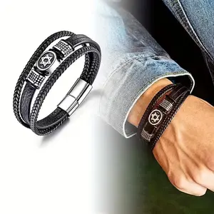 1pc Hexagram Faux Leather Titanium Bracelet, Star Of David Solomon Seal Design, Multi-layer Faux Leather Rope Fashion Bracelet