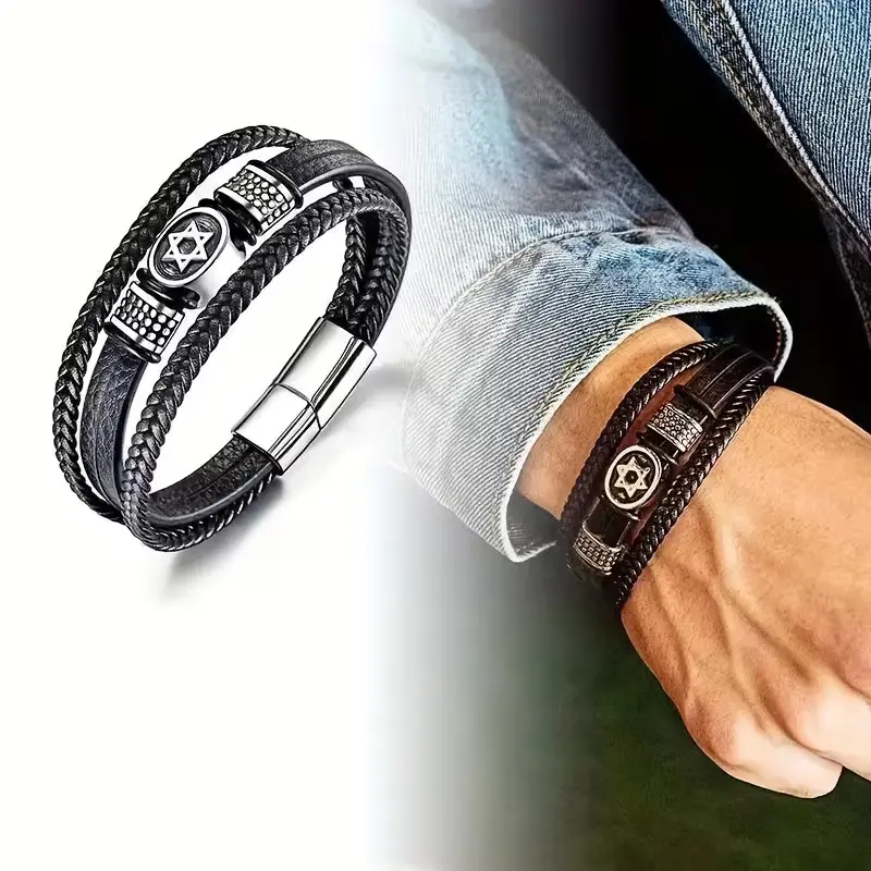 Multi-Layer Faux Leather Bracelet with Titanium Star of David Solomon Seal Charm, Fashion Rope Jewelry, Bracelets Jewelry, Bangle Jewelry, Exquisite Bracelet