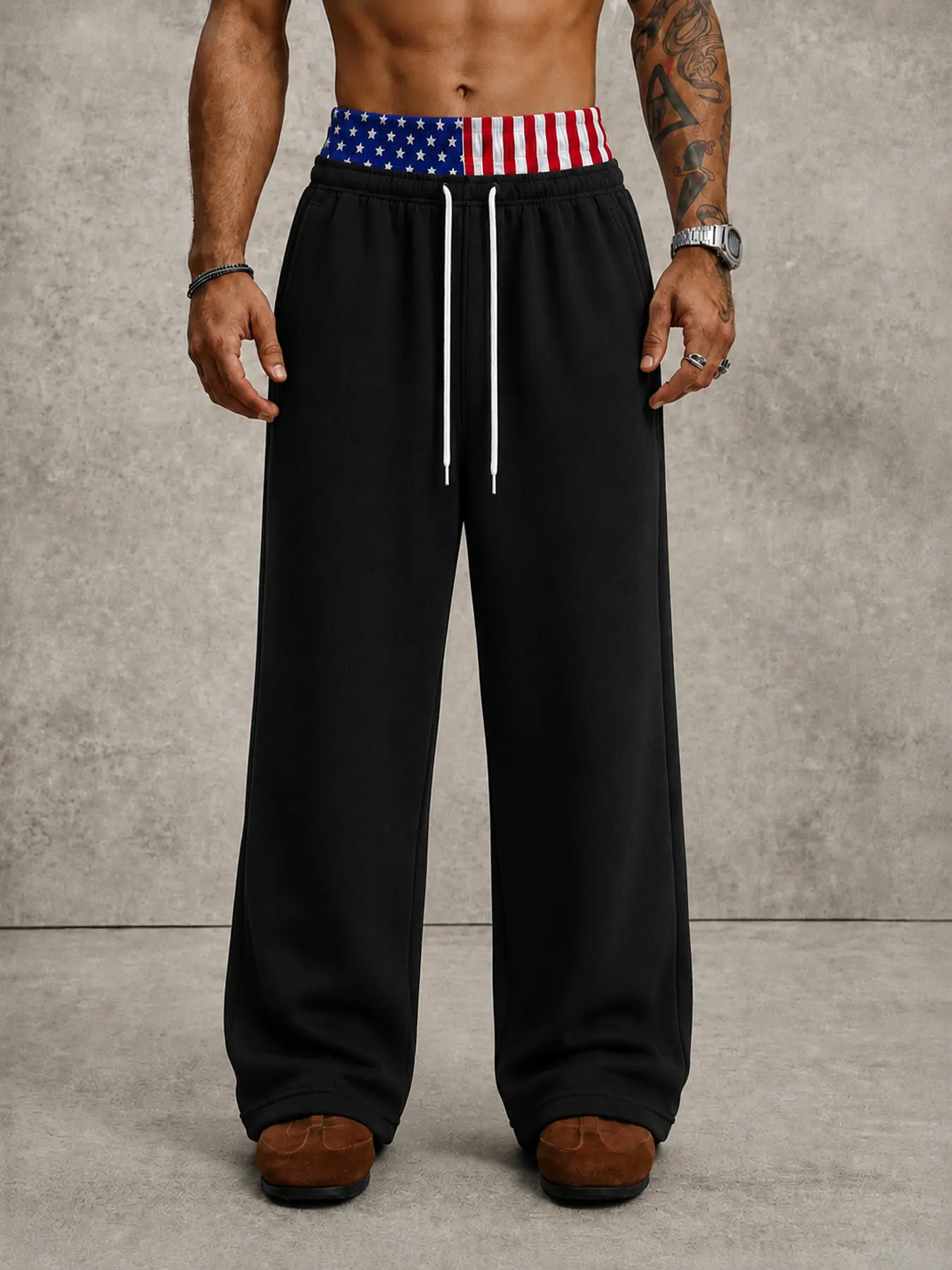 Men Wide Leg Sweatpants Baggy Fit Double Waistband Drawstring Pants for Lounge Streetwear, Patriotic Flag Waist, Open Hem Jogger Alternative