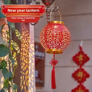 Chinese New Year Solar-Powered Iron Lantern  Eco-Friendly Red Lantern for Weddings Outdoor Garden Indoor Festive Décor