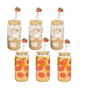 Magic Color Changing Pumpkin Glass Cups 6 Pack 18oz High Borosilicate Glass Tumblers with Lids & Straws for Iced Coffee & Cold Drinks Eco Friendly Halloween Glass Cups Autumn Halloween Gift Party Spooky Basket Stuffers