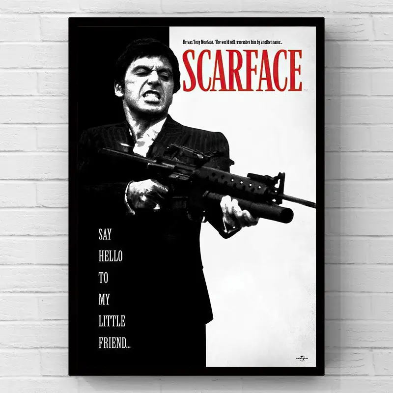 Scarface Tony Montana gun scene classic movie vintage quote black and white minimalist artwork, 2D flat print canvas wall art poster, home decor and bedroom decor, retro gangster wall decor, perfect gift for garage & private entertainment space