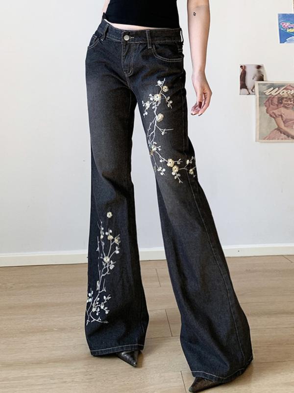 Emmiol Women’s Embroidered Bell Bottom Jeans – Stretchy Flared Mid-Rise Vintage Denim, 90s Y2K Retro Jeans with Floral Embroidery, Soft Stretch Fabric, and High-Comfort Fit
