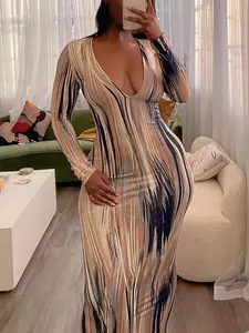 Sheik Apparell Women's Elegant V-Neck Maxi Dress Long Sleeve Formal Casual Party Wedding Outfit Flattering Fit for Fall/Winter Office Evening Events Professional Women's Attire