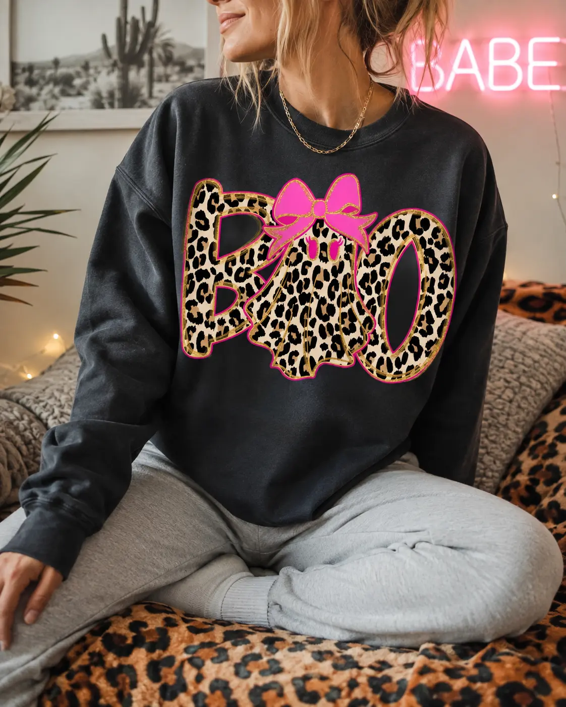 Halloween Boo T-Shirt & Sweatshirt, Leopard Ghost Bow Shirt, Pink Coquette Halloween Crewneck, Cute Spooky Season Graphic Tee, Trendy Halloween Gift for Her, Fall Leopard Print Outfit -DPCLICK