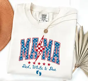 Comfort Colors Patriotic Pregnancy Announcement Mama Red White Due Baby Bump Fourth of July Maternity Graphic T Shirt