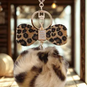 Fashion Bow Knot PU Leather Women’s Bag Pendant Keychain with Leopard Print Fur Ball and Rhinestone Accent Handbag Totes