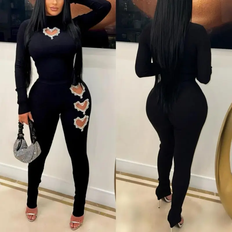 Women's Stretch-Tight Solid 2-Piece Pants Set with Heart-Shaped Hollow Rhinestones