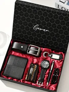 PU leather business men's watch set (wallet + belt + keychain + bracelet + watch + pen + rosary), simple quartz watch set 7 pieces/set, exquisite watch gift box, gift box suitable for men, Father's Day gift