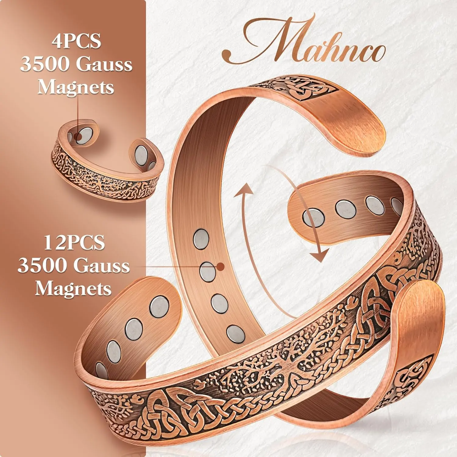 Copper Bracelet for Men & Women,12X Strength Magnetic Bracelets & Lymphatic Drainage Ring for Mens, 100% Solid Pure Copper Jewelry Gift
