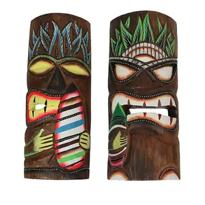 Hand-Carved Polynesian-Style Surfer Tiki Masks Wall Hanging Tropical Decor 12 Inches High - Home Bars, Firepits Island Themes