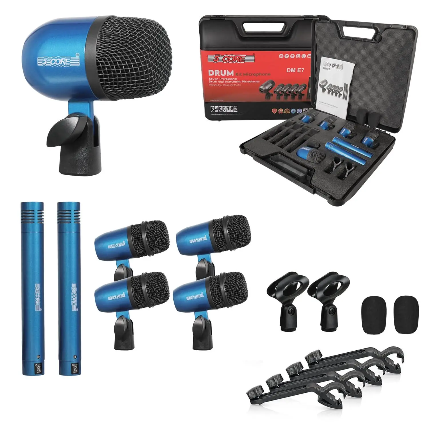 5 Core Drum Microphone Kit 7 Piece All Metal Drummer Instrument Mics Tom/Snare & Cymbals Set
