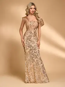 Blueplum Y2K Fashion Pleated Patchwork Asymmetrical Floral Evening Gown, Luxurious Sleeveless Dress, Starfish Style Formal Dress for Women